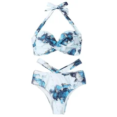 Women's Marble Print Halter Push-Up High-Waist Bikini Set-7