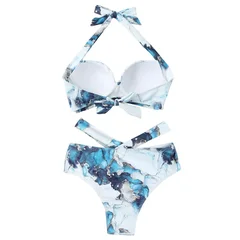 Women's Marble Print Halter Push-Up High-Waist Bikini Set-5
