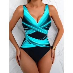 Women's One-Piece Swimsuit | Turquoise Gradient, Cross Front, Thick Adjustable Straps-2