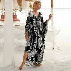 EDOLYNSA Zebra Print V-Neck Side-Slit Cover-Up Dress-21