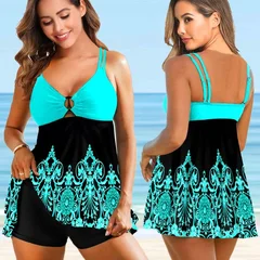 Women's Two-Piece Printed Bikini Set with Swim Skirt-1