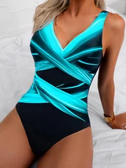Women's One-Piece Swimsuit | Turquoise Gradient, Cross Front, Thick Adjustable Straps-4