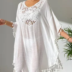 Women's Crochet Patchwork Fringe Beach Cover-Up Dress-4
