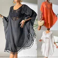 Women's Crochet Patchwork Fringe Beach Cover-Up Dress-3
