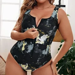 Plus Size One Piece Swimsuit with Zipper Front and Military Print-6